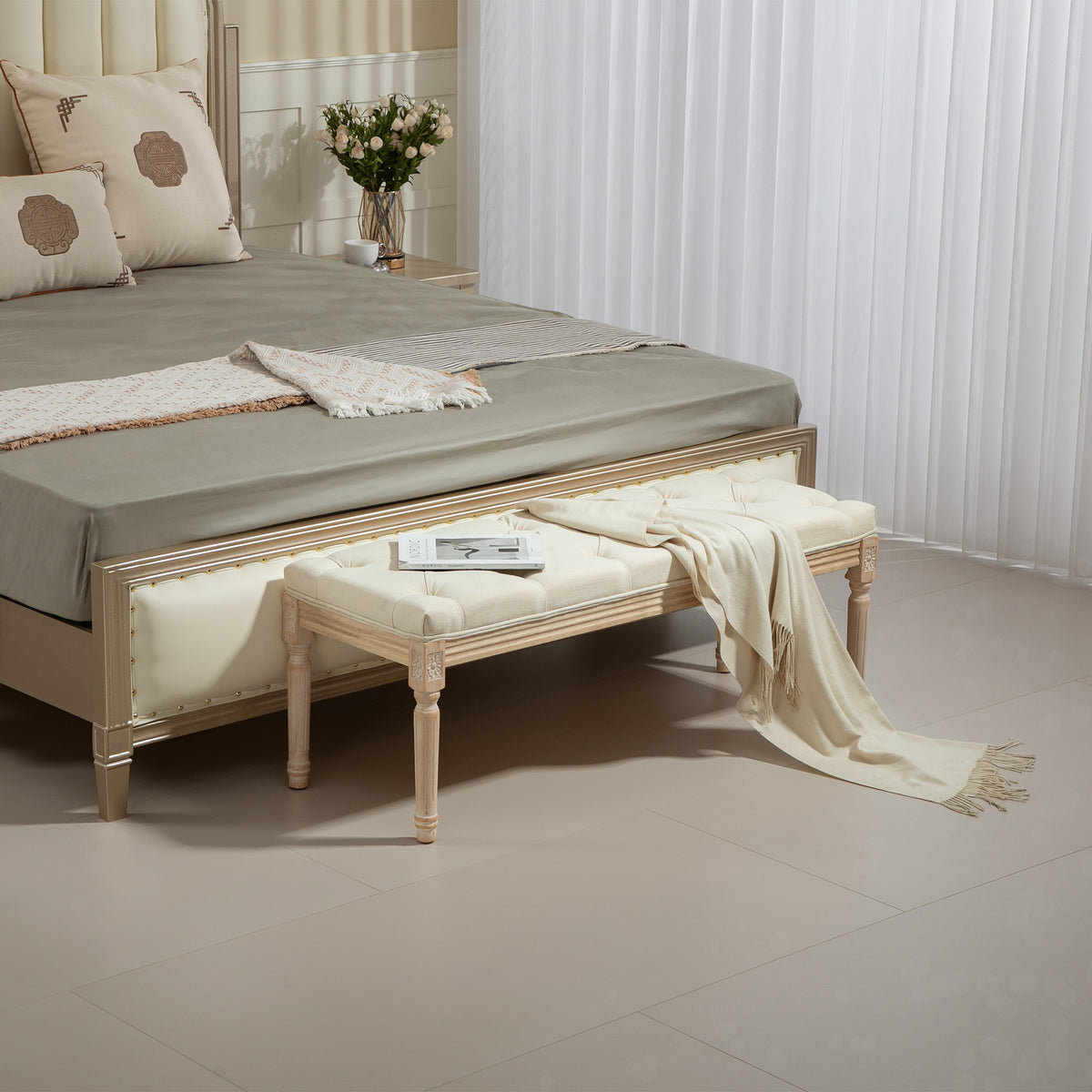 Vintage Wooden Bed End Bench - Cream White - view 2