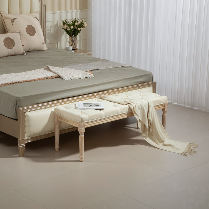 Vintage Wooden Bed End Bench - Cream White - view 2