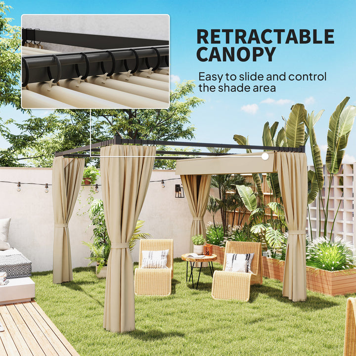 3 x 3(m) Retractable Pergola, Garden Gazebo Shelter with Curtains, for Grill, Patio, Deck, Beige