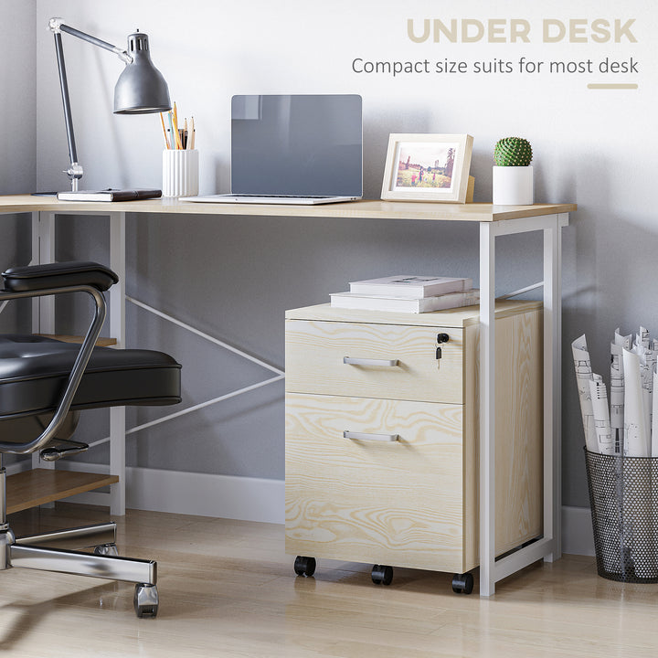 2-Drawer Locking Office Filing Cabinet w/ 5 Wheels Rolling Storage Hanging A4 Cupboard Home Organisation, Oak Wood Grain