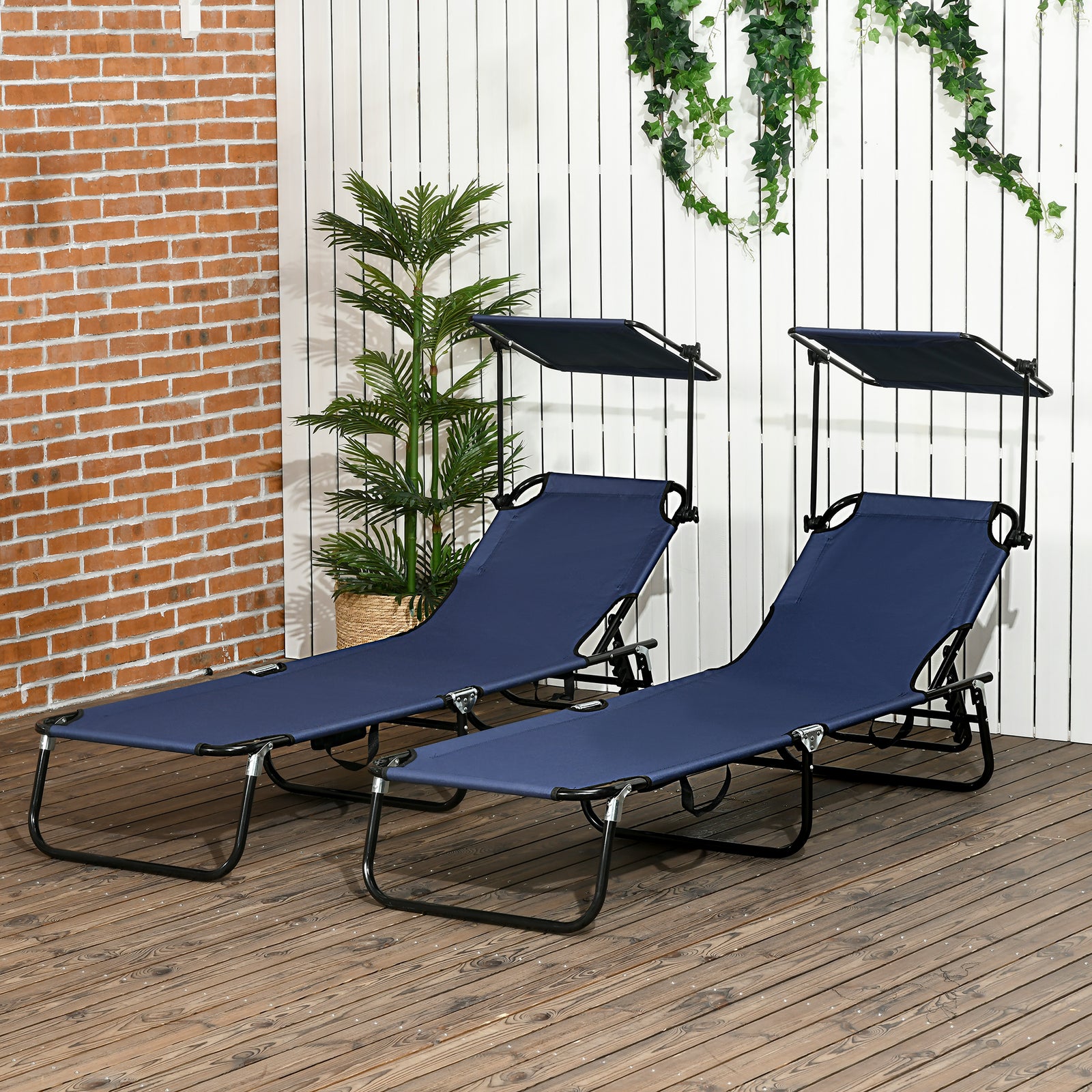 Set of Two Folding Sun Loungers, with Adjustable Backs and Sun Canopies - Dark Blue