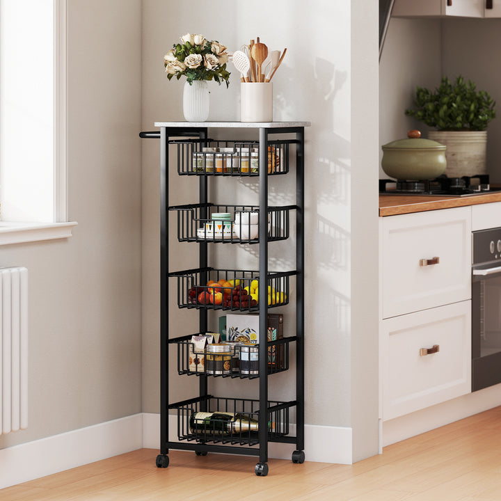Five Basket Mobile Kitchen Island, with Brakes - Grey/Black