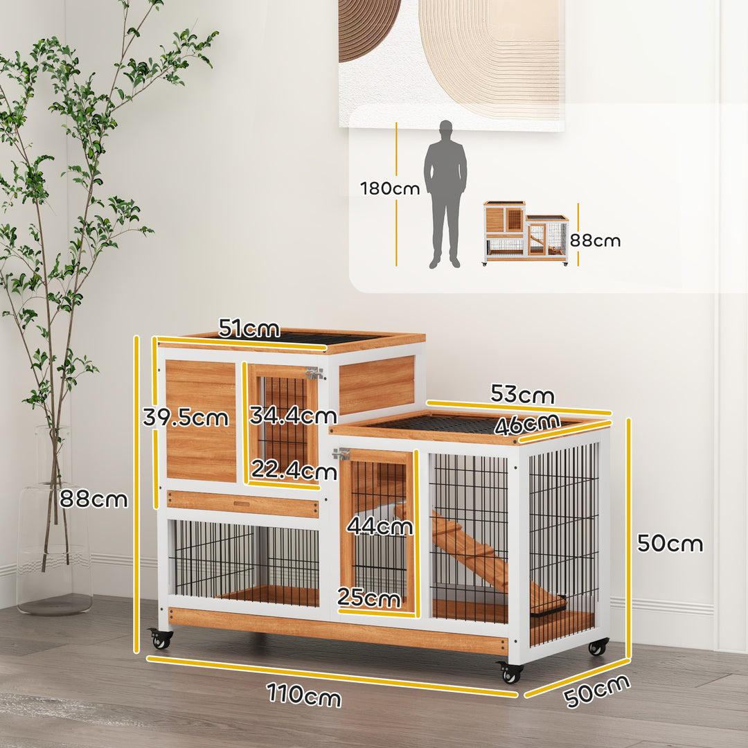 Wooden Indoor Hutch Elevated Cage w/ Wheel, Run, Yellow