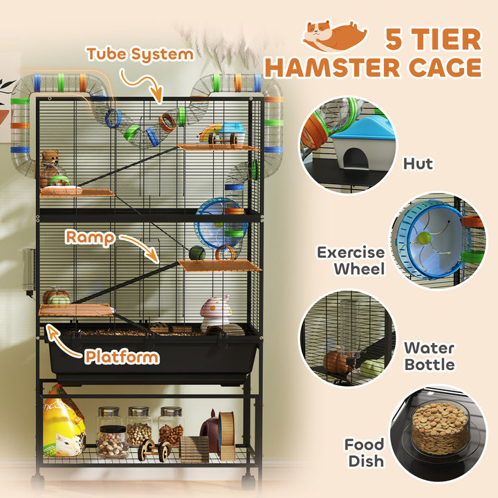 5 Tier Large Hamster Cage on Wheels with 17 cm Deep Tray, Storage Shelf for Syrian, Gerbil, Rats