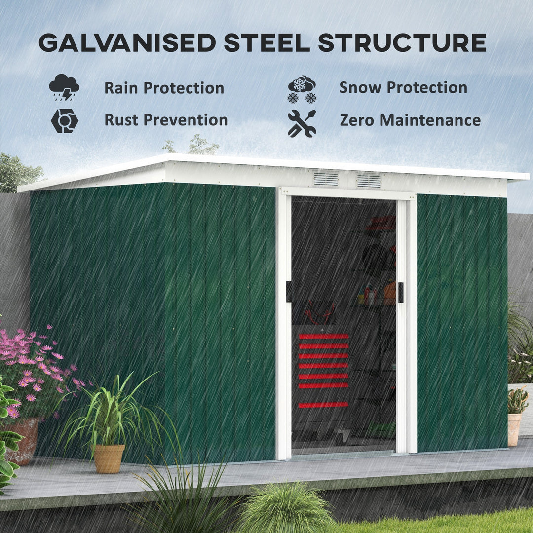 9ft x 4ft Metal Garden Shed, Outdoor Tool House with Foundation Kit, Ventilations and Double Doors, Deep Green