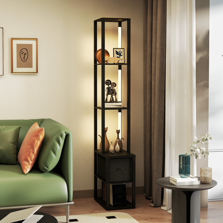 Floor Lamp with Shelves, LED Column Modern Standing Lamp with Fabric Drawer, Adjustable Brightness, Foot Switch for Living Room, Bedroom, Office, Black