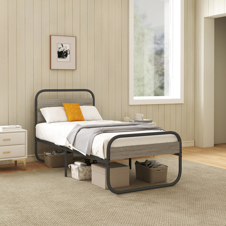 3ft Single Bed Frame, Industrial Style Metal Platform Bed Frame with Under Bed Storage, No Box Spring Needed, Easy Assembly, Grey