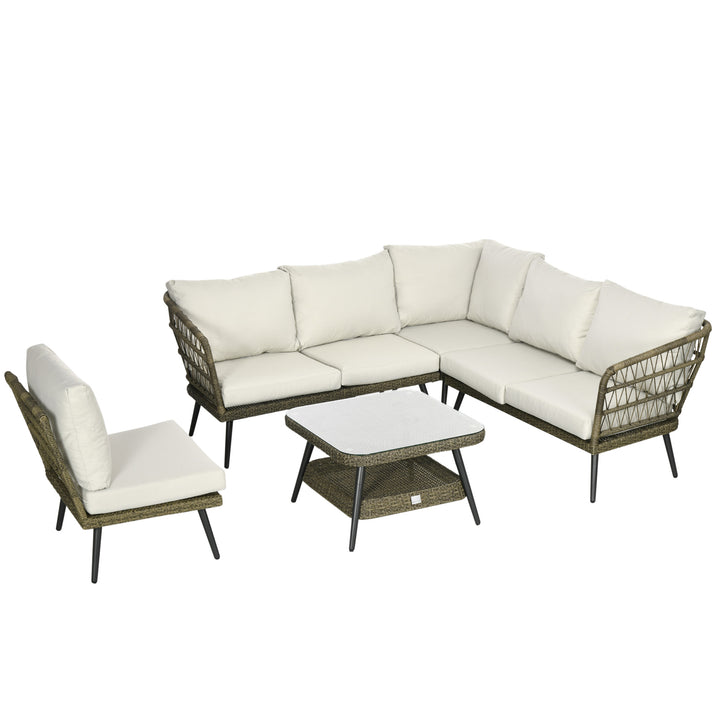 5 Pieces Outdoor Rattan Corner Sofa, Round and Twin Half-round Wicker Woven Rattan Garden Furniture w/ Thick Padded Cushions and Tempered Glass Top Two-tier Table, Grey