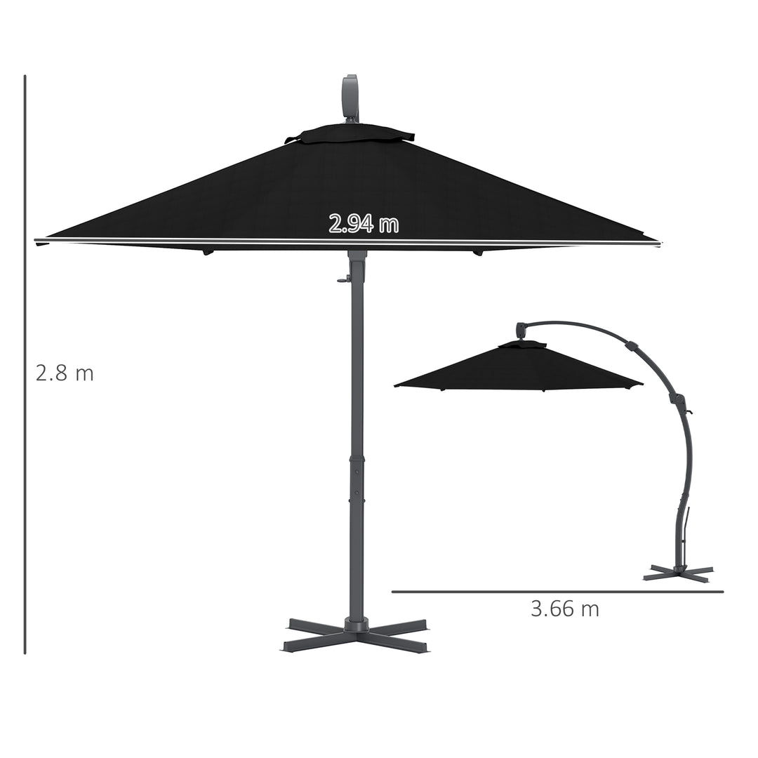 3(m) Garden Cantilever Parasol, Round Overhanging Umbrella with Crank Handle, Cross Base, Aluminium Frame and 360° Rotation, Banana Patio Umbrella for Outdoor Sun Shade, Black