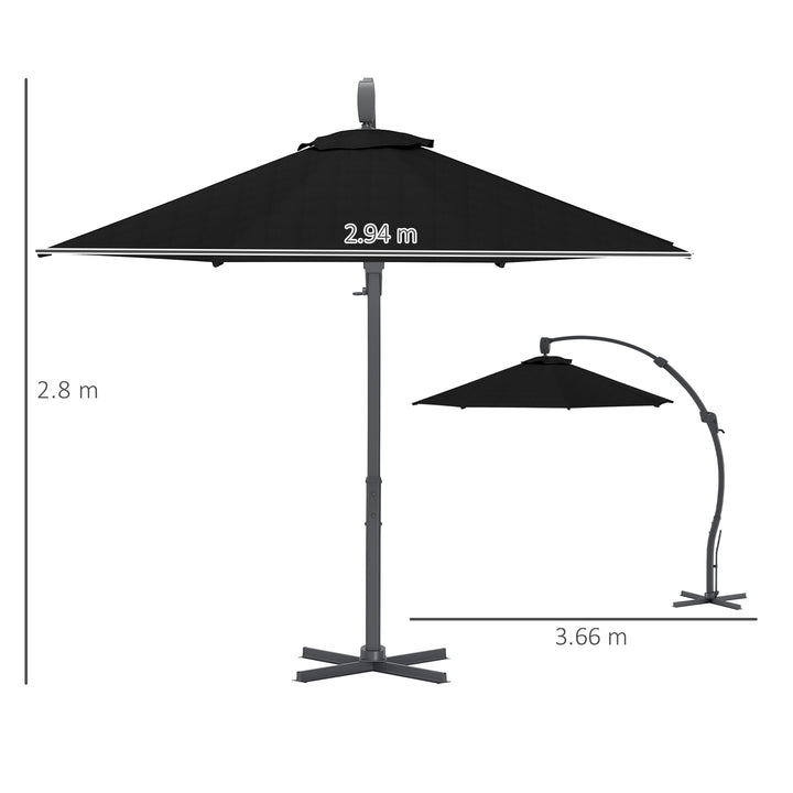 3(m) Garden Cantilever Parasol, Round Overhanging Umbrella with Crank Handle, Cross Base, Aluminium Frame and 360° Rotation, Banana Patio Umbrella for Outdoor Sun Shade, Black