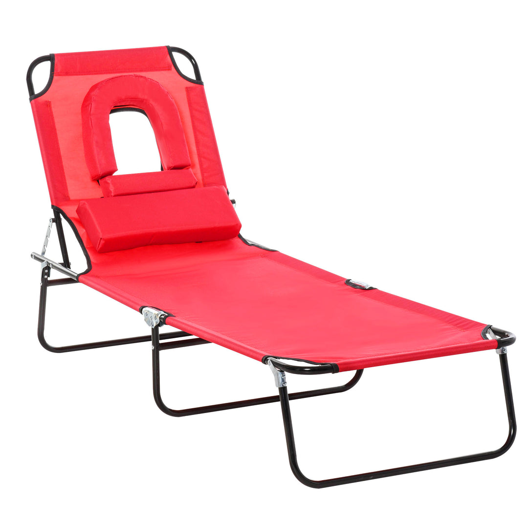 Foldable Outdoor Sun Lounger Adjustable Backrest Reclining Chair with Pillow and Reading Hole Garden Beach, Red