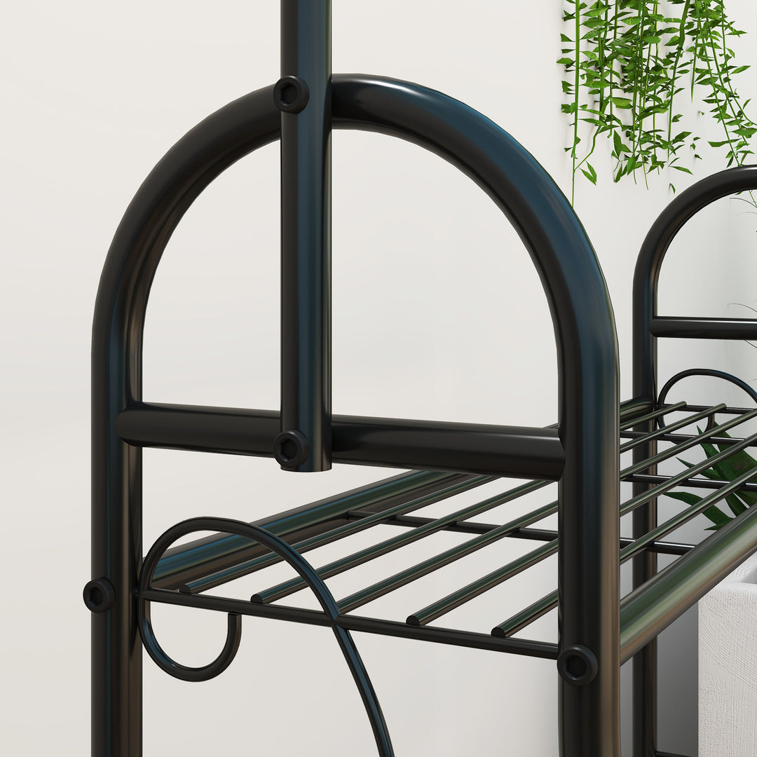 3 Tier Plant Stand with Hanging Rod and Hooks, Metal Plant Rack Shelf, Ladder Flower Pot for Indoor Outdoor Porch Balcony Living Room Bedroom, Black