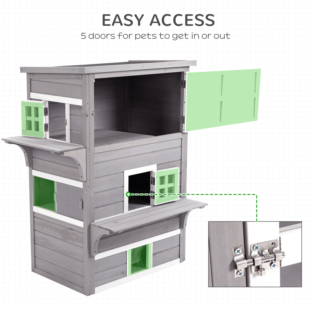 Three-Tier wooden Kitten Shelter, Outdoor Cat House, with Jumping Platforms, Asphalt Roof, Doors - Grey