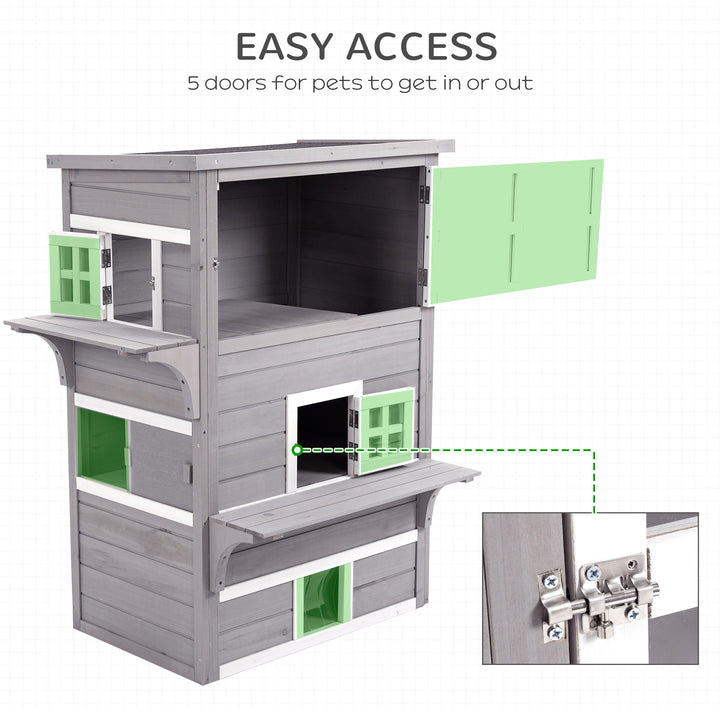Three-Tier wooden Kitten Shelter, Outdoor Cat House, with Jumping Platforms, Asphalt Roof, Doors - Grey