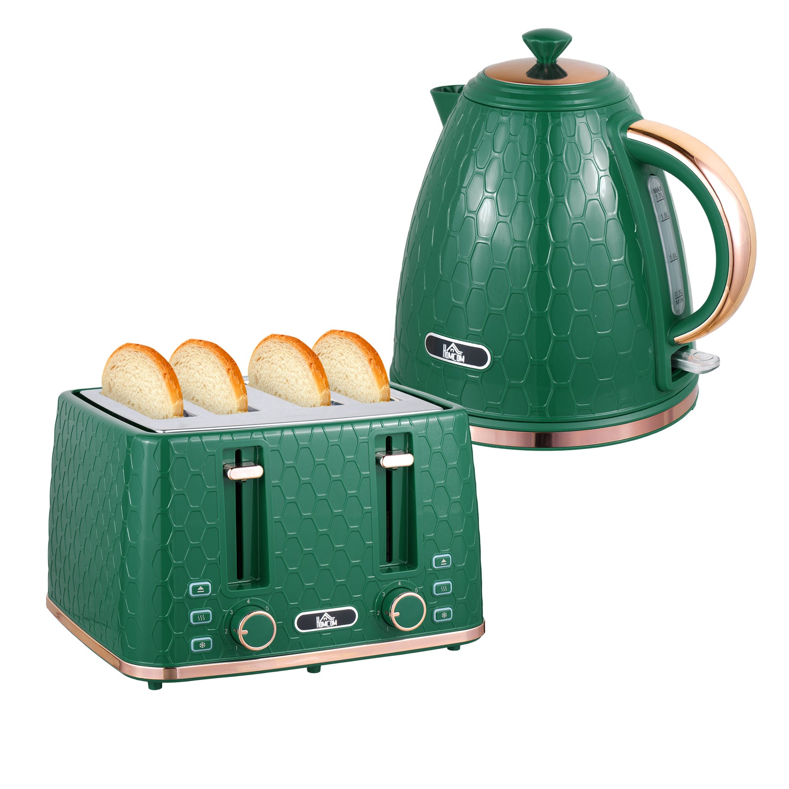 Kettle and Toaster Set, 1.7L 3000W Fast Boil Jug Kettle with Auto Shut Off, 4 Slice Toaster with 7 Level Browning Controls & Crumb Tray, UK Otter Thermostat, Green