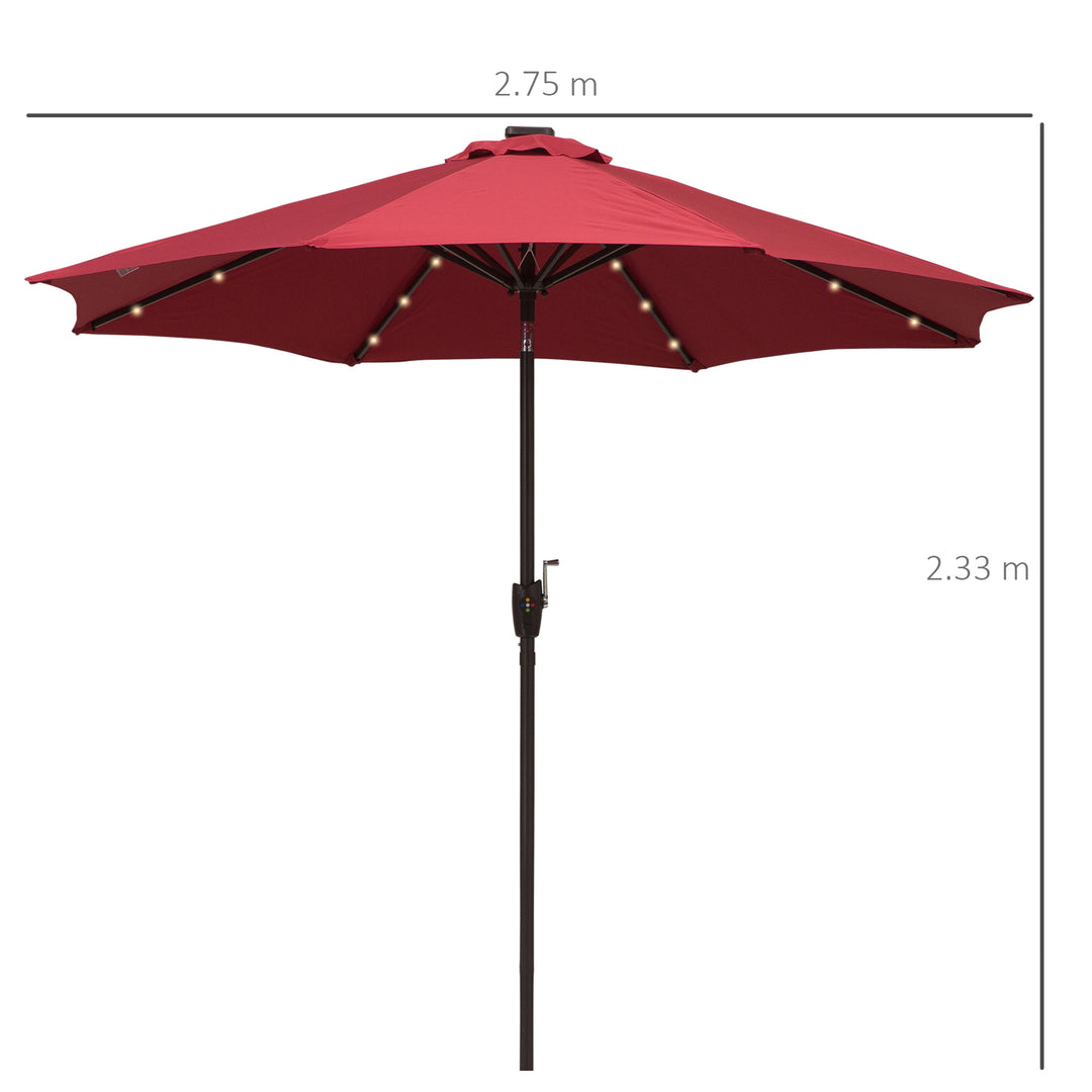Φ2.7m Garden 24 LED Light Parasol Solar Outdoor Tilt Sun Umbrella Patio Club Party Event Manual Sun Shade w/ Hand Crank and 8 Ribs, Red