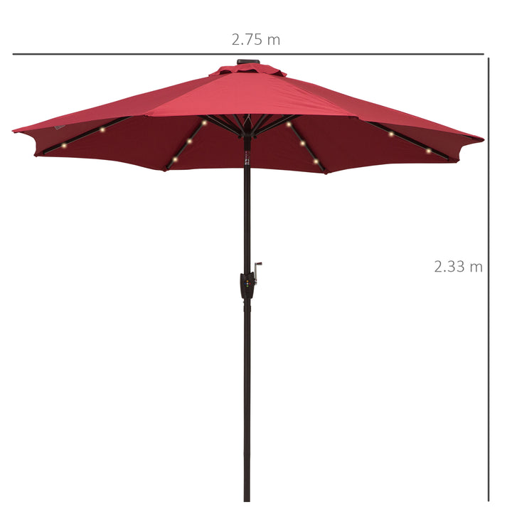 Φ2.7m Garden 24 LED Light Parasol Solar Outdoor Tilt Sun Umbrella Patio Club Party Event Manual Sun Shade w/ Hand Crank and 8 Ribs, Red