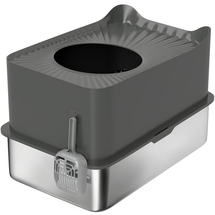 Stainless Steel Cat Litter Tray, Extra Large Enclosed Litter Box with Scoop, Top Entrance, Non-slip Pads, Dark Grey