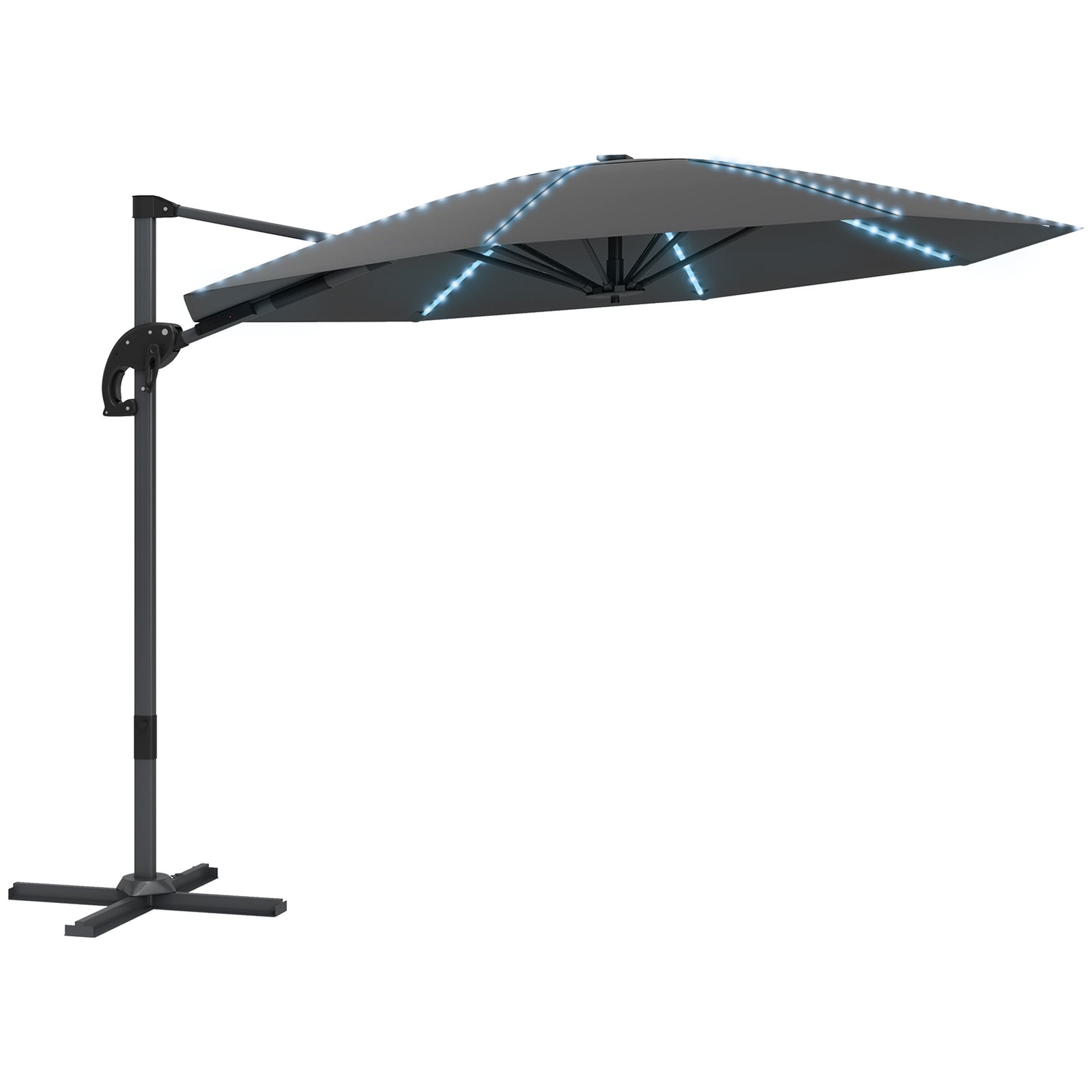 3(m) Cantilever Garden Parasol with Solar Powered Lights, Crank Handle & Cross Base, UPF 50+, 360° Rotation, Dark Grey