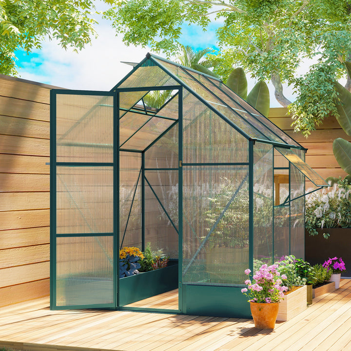 MCL 6x6 FT Polycarbonate Greenhouse with Base and Raised Bed, Walk-in Greenhouse with Aluminium Frame, Temperature Controlled Window, Foundation for Plants, Flowers, Vegetable