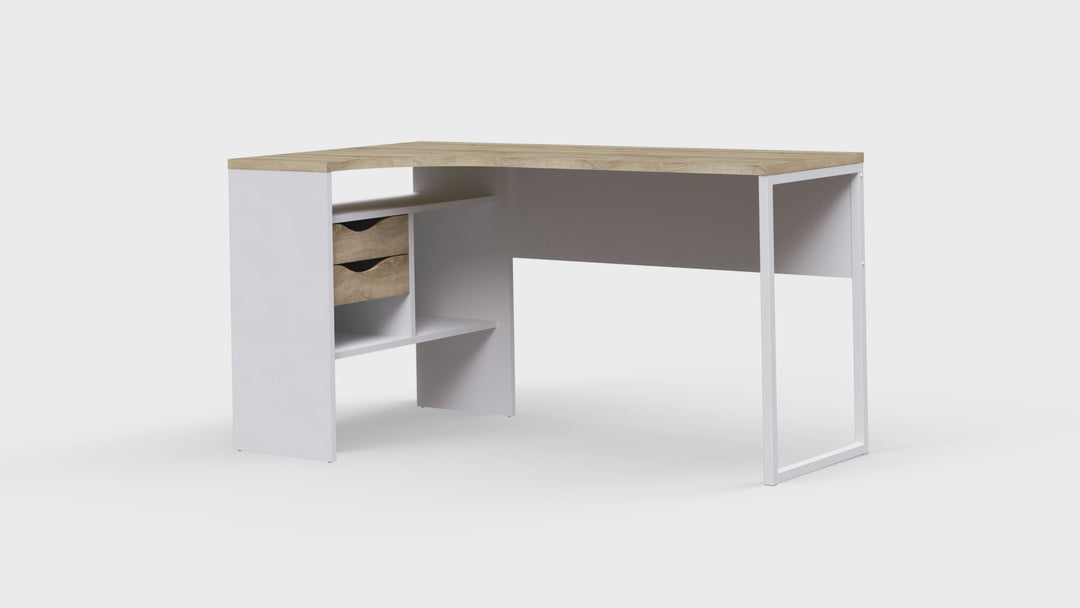 Function Plus Corner Desk 2 Drawers in White and Oak