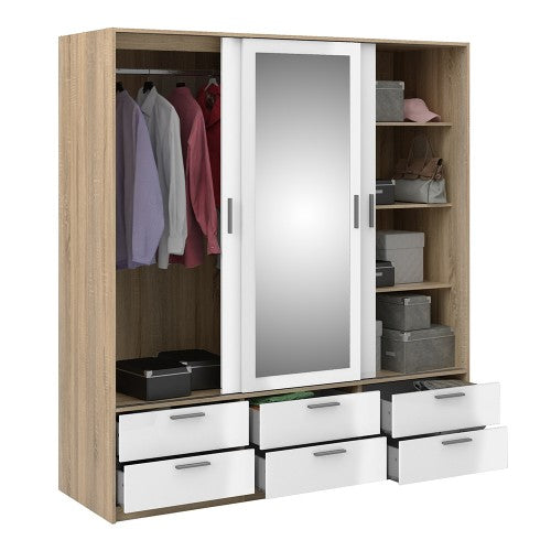 Wardrobe - 3 Doors 6 Drawers in Oak with White High Gloss