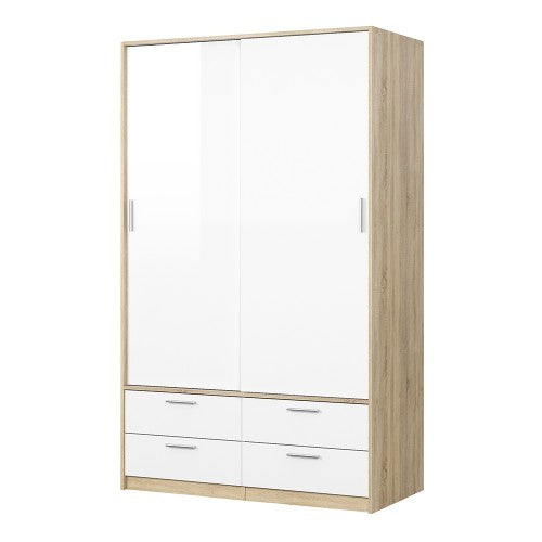 Wardrobe - 2 Doors 4 Drawers in Oak with White High Gloss