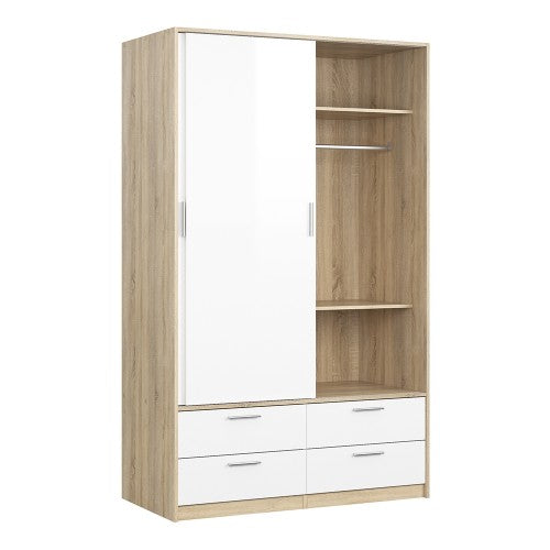 Wardrobe - 2 Doors 4 Drawers in Oak with White High Gloss