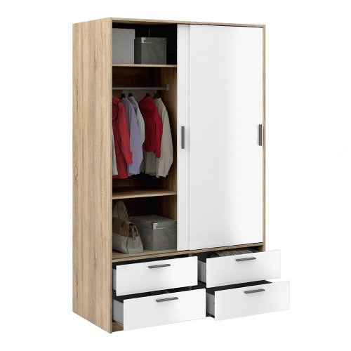 Wardrobe - 2 Doors 4 Drawers in Oak with White High Gloss
