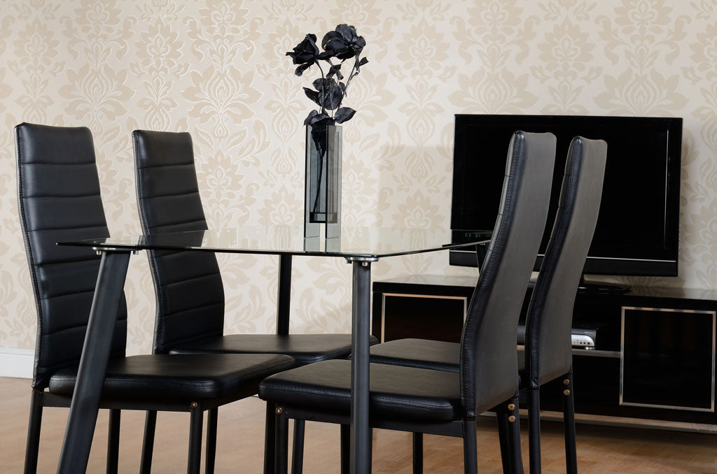 Abbey Small Dining Set (X4 Chairs) - Clear Glass/Black/Black Pu