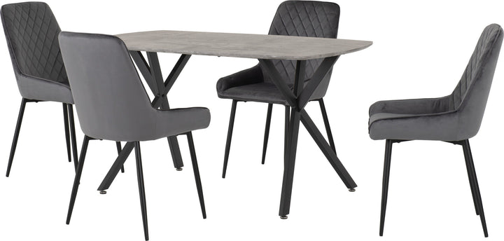 Athens Rect & Avery Dining Set (X4 Chairs) - Concrete/Grey Velvet