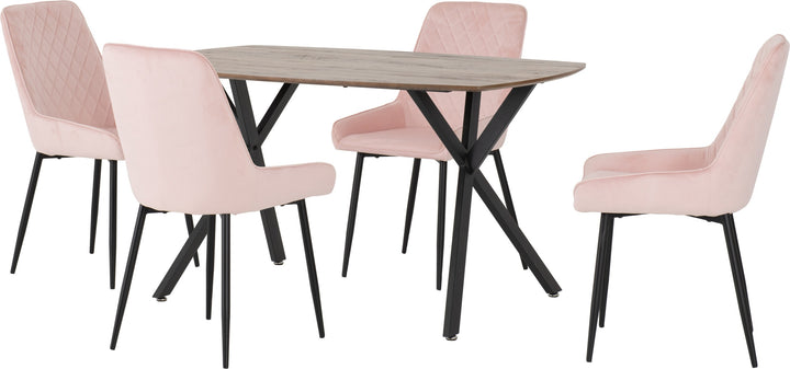 Athens Rect & Avery Dining Set (X4 Chairs) - Medium Oak Effect/Baby Pink Velvet