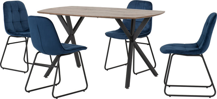 Athens Rect & Lukas Dining Set (X4 Chairs) - Medium Oak Effect/Sapphire Blue Velvet