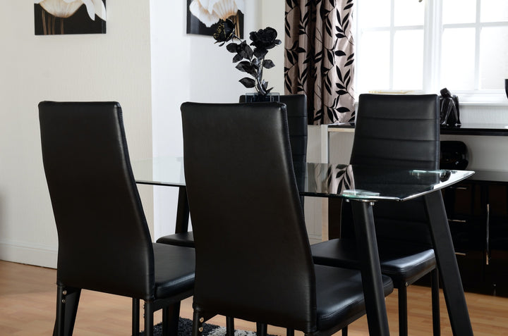 Abbey Small Dining Set (X4 Chairs) - Clear Glass/Black/Black Pu