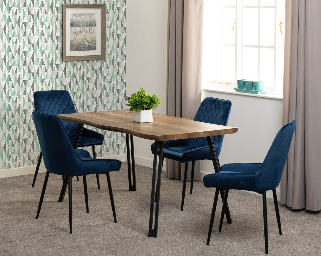 Quebec Wave & Avery Dining Set (X4 Chairs) - Medium Oak Effect/Sapphire Blue Velvet