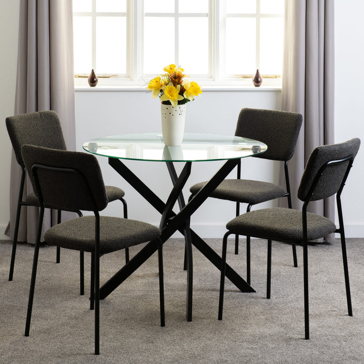 Sheldon Round Glass Top Dining Set (X4 Chairs) - Clear Glass/Grey Boucle Fabric