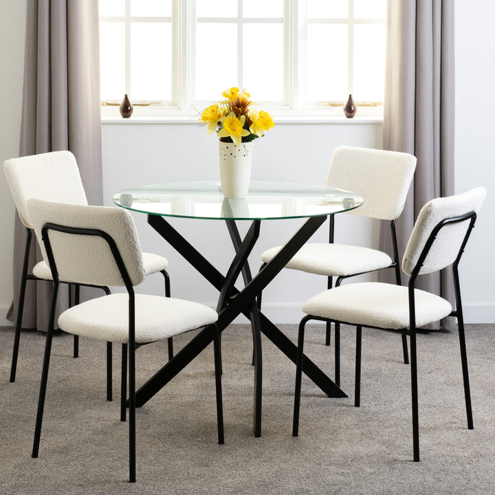 Sheldon Round Glass Top Dining Set (X4 Chairs) - Clear Glass/Ivory Boucle Fabric