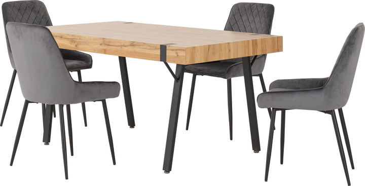 Treviso & Avery Dining Set (X4 Chairs) - Light Oak Effect/Grey Velvet